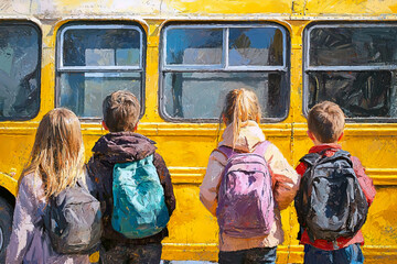 AI Generated - Group of four children standing in front of a yellow school bus, each wearing a backpack. Commercial illustration artwork for business applications. High-resolution. Premium quality.