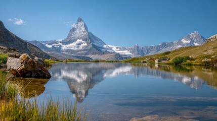 Majestic Mountain Lake Reflection: Captivating panoramic view showcases a tranquil lake mirroring the imposing peaks of snow-capped mountains under a vibrant clear sky.