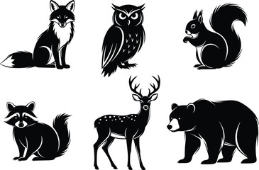 PrintVector illustration of black and white forest animals including fox, owl, squirrel, raccoon, deer, and bear in silhouette style