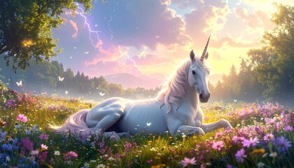 A gentle unicorn with pastel rainbow colored mane, resting in a meadow, tiny fairies dance around its mane, glowing orbs of light floating in the air, thunderstorm at dawn, dreamy fantasy storybook