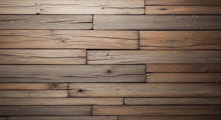 Fototapeta premium Textured Rustic Reclaimed Wood Wall Background with Natural Grain, Cracks, and Warm Vignette Lighting