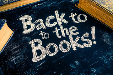 AI Generated - Blackboard with the words "Back to the Books" written on it, surrounded by several books. Commercial illustration artwork for business applications. High-resolution. Premium quality.