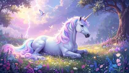 A gentle unicorn with pastel rainbow colored mane, resting in a meadow, tiny fairies dance around its mane, glowing orbs of light floating in the air, thunderstorm at dawn, dreamy fantasy storybook
