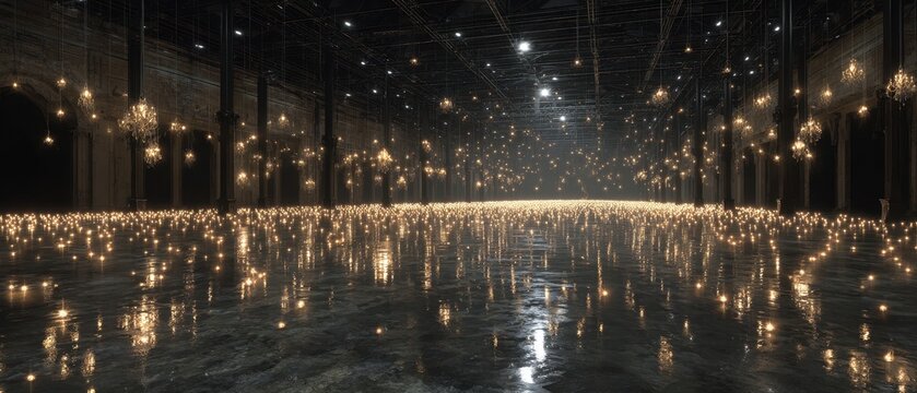 Nocturnal Luminary Pathway - A Serene, Glowing River of Lights in a Dark, Mysterious Setting.