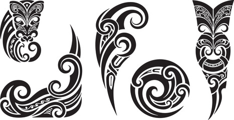 Maori tattoo tribal illustration set featuring traditional Polynesian designs, spirals and intricate patterns