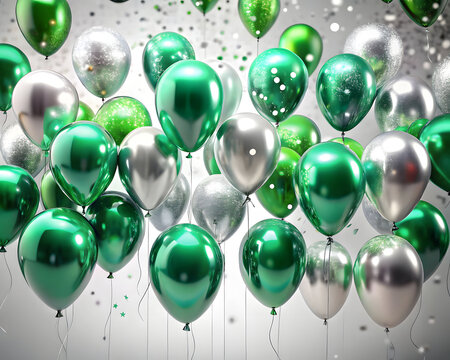 Green and silver balloons with confetti in festive celebration scene, glossy and matte textures floating in bright light