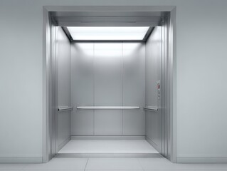 Empty modern stainless steel elevator interior, showcasing clean lines and neutral tones.