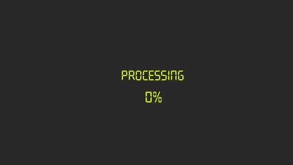 Digital progress bar displays processing status at zero percent on a dark background with glowing yellow text