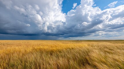 Obraz premium Golden Field under Dramatic Sky: A panoramic vista unveils a sprawling field of golden wheat swaying gently in the wind, beneath a mesmerizing sky of turbulent clouds.