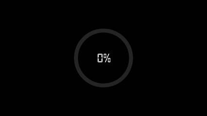 Minimalist dark circular loading indicator displaying zero percent progress on a black background