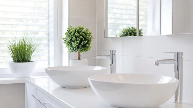 Serene Bathroom Interior: Minimalist modern bathroom featuring a bright, clean aesthetic, with elegant white vessel sinks and natural light and fresh plants. - Powered by Adobe