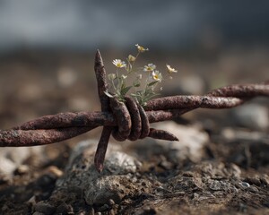 Rusty barbed wire symbolizes freedom with wildflower growing through