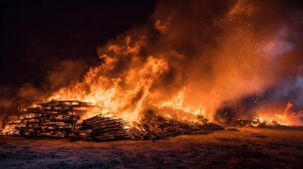 Fototapeta premium Dramatic photo of weapon bonfire at night signifies disarmament