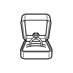 A diamond ring in a jewelry box, black line drawing, white background.