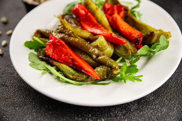 Grilled pepper salad roasted vegetables bbq meal tasty snack fresh delicious gourmet food background on the table rustic food top view copy space keto and paleo diet vegan and vegan food