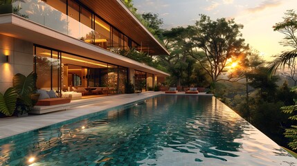 Obraz premium Kerala luxury villa design with sunset backdrop high resolution picture