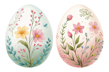 Watercolor Easter Eggs Decorated with Spring Flowers Isolated on White