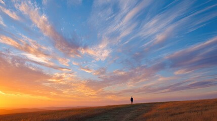 Sky's Symphony: A lone figure strides across a vast, golden landscape, framed by an expansive sky awash in vibrant colors, embodying themes of solitude and contemplation.