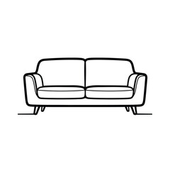 A simple black and white line art illustration of a modern two-seater sofa or loveseat, isolated on a plain background.