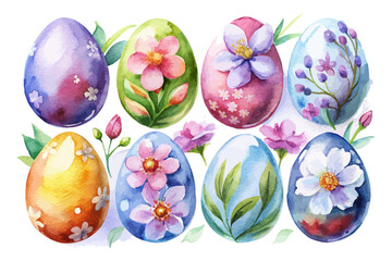 set of Watercolor Easter Eggs Decorated with Spring Flowers Isolated on White