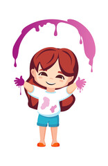 happy child drawing. cute funny girl with colorful aquarelle paint tube, artistic painting hobby. vector cartoon character.
