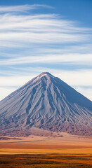 Majestic volcano against a blue sky with wispy clouds, showcasing a dramatic landscape of contrasting colors and textures, representing power, nature's beauty, and untouched wilderness