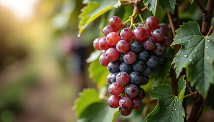 A close-up shot of ripe grapes on the vine with morning dew drops, one bunch is in sharp focus