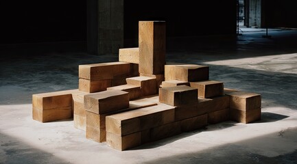 Wooden blocks art piece, industrial setting