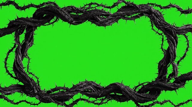 Black thorny vines or brambles framing the top and bottom of a green screen background for fantasy, horror, or fairy tale compositing.