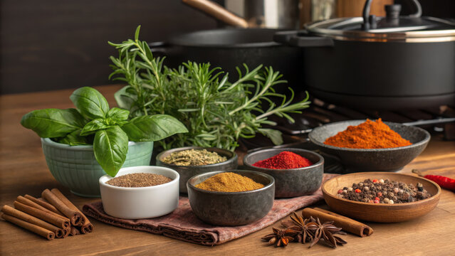 Fresh basil rosemary ground turmeric ground cumin paprika chili powder peppercorn fennel seed cinnamon stick star anise create rustic kitchen herb and spice scene wooden table for cooking
