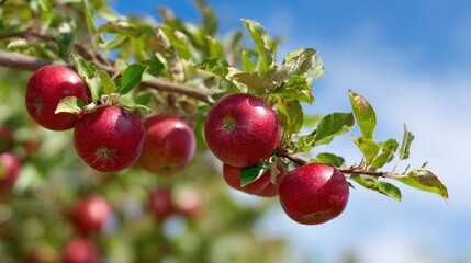 Obraz premium Red Apples on a Branch: Vibrant red apples ripen on a tree branch, bathed in sunlight with a clear, blue sky backdrop. Evoking the freshness of the harvest season and the abundance of nature.