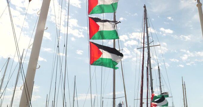 Palestinian Flags on Humanitarian Flotilla Ships in Barcelona Port Heading to Gaza