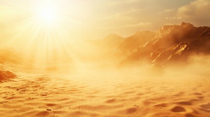 A golden desert landscape bathed in sunlight, featuring soft sand dunes and distant rocky mountains, evoking a serene yet arid atmosphere.