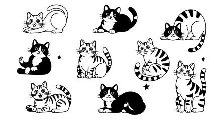 Obraz premium Cute Cat Illustrations: Black and White Line Art Collection