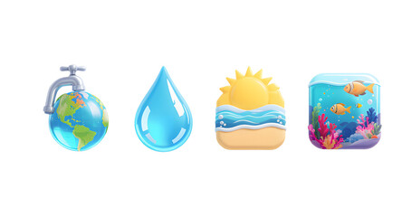 Naklejka premium Water conservation icons showing earth, drop, ocean, and aquarium