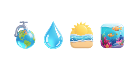 Water conservation icons showing earth, drop, ocean, and aquarium