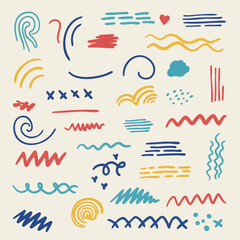 Obraz premium Abstract colorful hand drawn lines and shapes vector illustration in red blue yellow and teal tones creative design elements for decoration 