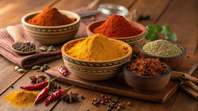 Spice blend turmeric powder paprika chili powder curry powder ground cumin wooden bowl rustic table dried chili star anise peppercorn coriander seed cardamom cinnamon clove herb seasoning