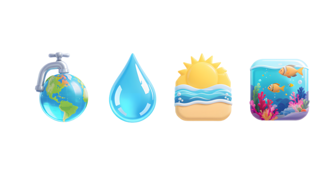 Water conservation icons showing earth, drop, ocean, and aquarium