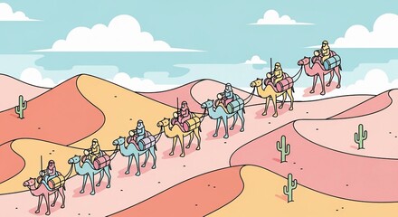 Caravan of travelers on camels traversing a vibrant desert landscape under a cloudy sky, illustrating a journey.