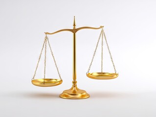 A polished golden scale of justice sits balanced against a bright white background.