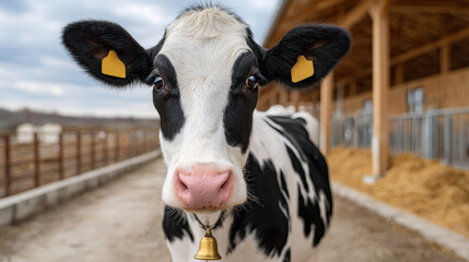 Cow farm, A dairy cow with a bell around its neck in a pasture setting.