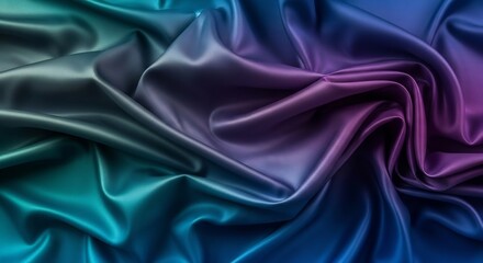 Fototapeta premium Vibrant Iridescent Satin Fabric Drapes: Smooth Teal to Purple Gradient Folds