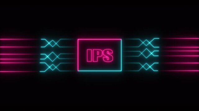 Neon pink IPS text in a square with glowing lines on black background word typography