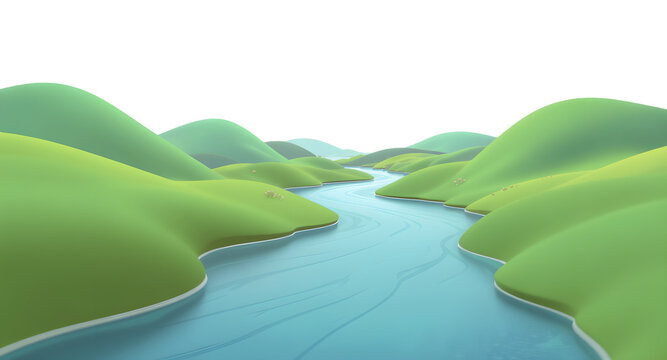 River through Green Hills Cartoon Landscape