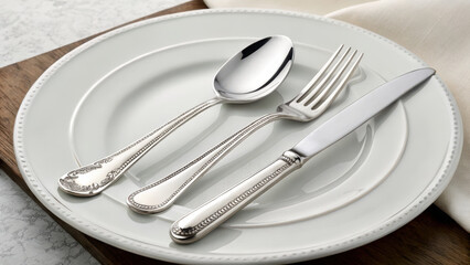 Silverware cutlery spoon fork knife plate white porcelain table dining