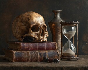 Baroque skull still life with hourglass symbolism for Samhain