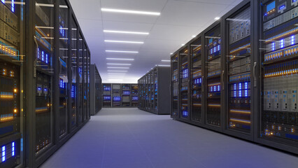 Black storage and processing unit, large AI processing server room, data center storage and network processing room, SSD and hard disk drive storage, and processor cooling system,3D rendering