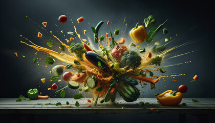 Explosion of Fresh Vegetables and Fruits &ndash; Dynamic Food Splash