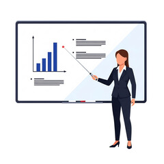Confident businesswoman presenting business analytics and growth charts on a whiteboard, ideal for corporate strategy meetings, market research reports, educational content,
